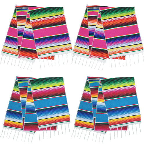 Mulbozy Mexican Table Runner 4 Packs 14x84 Inches Mexican Fiesta Table Runner for Cinco de Mayo Fiesta Party, Mexican Theme Party Decoration (Blue & Rose Red)