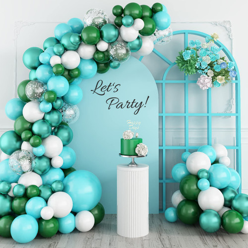 Blue and Green Balloon Garland Arch Kit, Teal Blue and Dark Green Metallic Balloons Garland, White and Silver Confetti Party Balloons for Baby Shower Birthday Wedding Anniversary Party Decoration