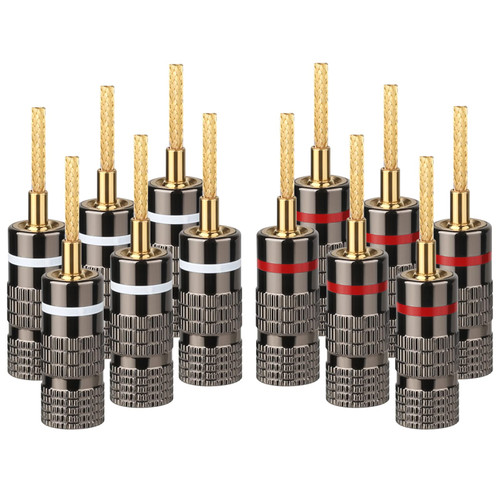 Flex Pin Banana Plugs for Speaker Wire-6 Pairs,Aluminum Shell,24K Gold Plated for Spring-Loaded Speaker Banana Jack Terminals,Speaker Connector Pin Plug Type