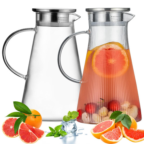 Glass Pitcher with Lid for Fridge 2 Pack 60 Ounces Pitchers for Drinks Cold or Hot Beverages, Easy Clean Heat Resistant Borosilicate Glass Water Pitcher for Juice, Milk Iced Tea Pitcher