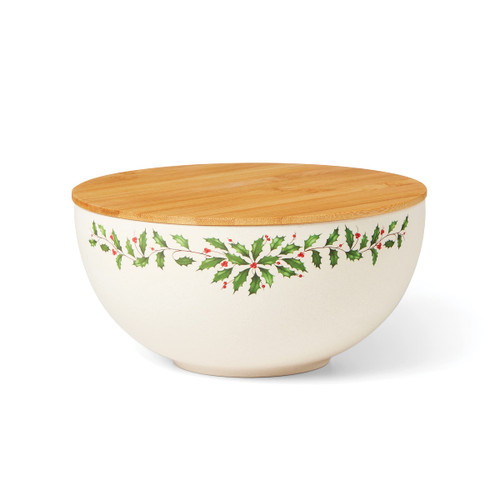 Lenox Holiday Serve Bowl with Wooden Lid, 2.43, Red & Green