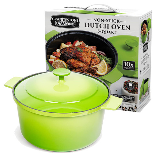 Granitestone Dutch Oven, 5 Quart Ultra Nonstick Enameled Lightweight Aluminum Dutch Oven Pot with Lid, Round 5 Qt. Stock Pot, Dishwasher & Oven Safe, Induction Capable, Healthy 100% PFOA Free, Green