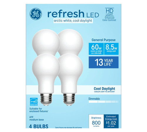 GE Refresh 60-Watt EQ A19 Cool Daylight Medium Base (e-26) Dimmable LED Light Bulb (4-Pack)
