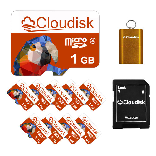 Cloudisk 10 Pack 1GB Micro SD Card in Bulk with MicroSD Adapter USB Card Reader Memory Card (Parrot-Prime) (1GB)