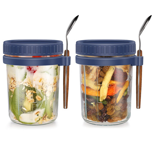 Xigugo Overnight Oats Container with Lid and Spoon, Overnight Oats Jars, 16 oz Cereal, Milk, Vegetable and fruit Salad Storage Container with Measurement Marks (blue2)