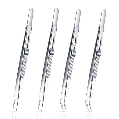 4 Pack Diamond Stone Tweezers Gems and Jewelry Tweezers Precision Industrial Tweezers Stainless Steel Include Fine Point Tip Straight Tweezer and Locking Curved Tip Precision Locking Tweezer