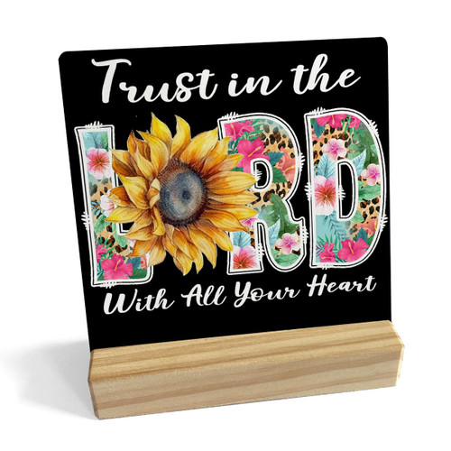 Trust in the Lord Bible Verse Wooden Plaque Sign Desk Decor, Colorful Sunflower Scripture Wood Stand Signs Desk Decor, Rustic Christian Decor for Home Office Shelf Desk 4 x 4 Inches