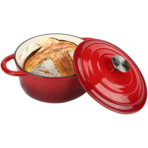 Trustmade 4.5 QT Cast Iron Dutch Oven, Enamel Coated Cookware Pot with Self Basting Lid for Home Baking, Braiser, Cooking, Red