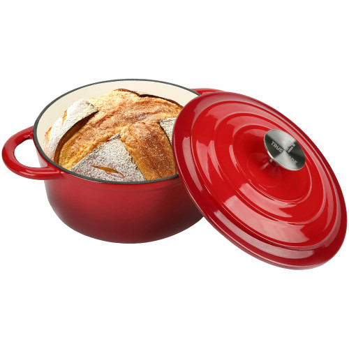 Trustmade 3 QT Cast Iron Dutch Oven, Enamel Coated Cookware Pot with Self Basting Lid for Home Baking, Braiser, Cooking, Red