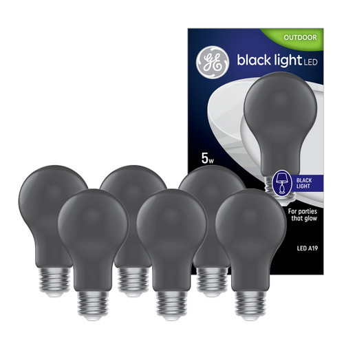 GE Black Light Bulb, Outdoor Party Light, Glow Party Light, A19 UV Black Light, 5 Watts (6 Pack)