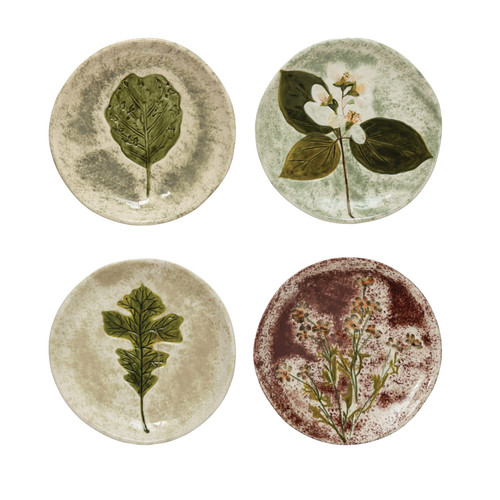 Creative Co-Op Hand-Painted Stoneware Debossed Florals, Set of 4 Plate Set, 6" L x 6" W x 1" H, Multicolor