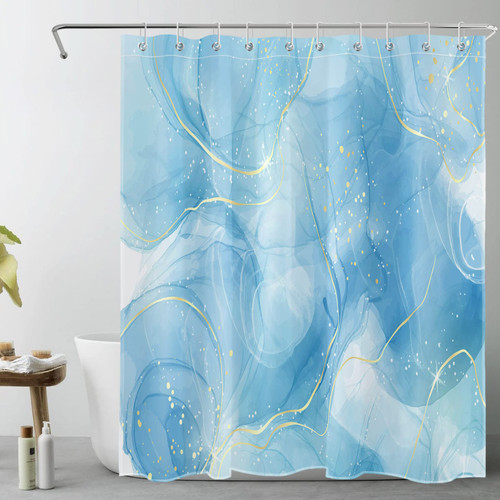 HVEST Modern Marble Shower Curtain, Blue and Gold Luxurious Marble Bathroom Curtain with Hooks, Abstract Art Bath Curtain Polyester Fabric Bath Decor Accessories, 60x72 Inches