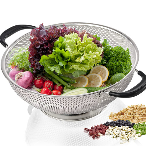 5 Qt Colander 18/8 Stainless Steel Colander Silicone Handle Easy Grip Micro-Perforated Strainer Heavy Duty and Self-draining Solid Ring Base BPA Free Dishwasher Safe - Black