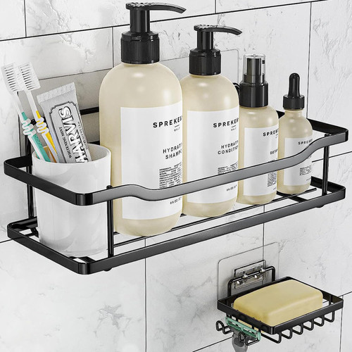 OMAIRA Shower Caddy, Adhesive Shower Organizer with 4 Hooks, No Drilling Shower Shelf, Rustproof Stainless Steel Shower Rack With Soap Dish for Bathroom Kitchen Storage (Black)