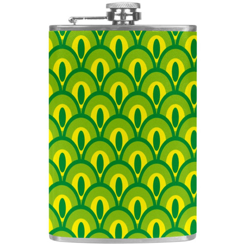 Green Peacock Tail Pattern Flask for Liquor and Funnel, 8 Oz Leak Proof Stainless Steel Pocket Hip Flask