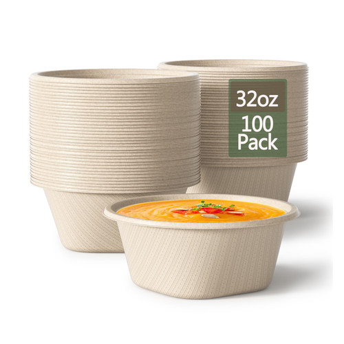 32 Ounce Large Paper Bowls Disposable Soup Bowls Disposable Heavy Duty Compostable Bowls, Eco-friendly Sugarcane Bagasse Biodegradable Bowls for Soup, Salad, Dessert, Ice Cream [100 Pack]