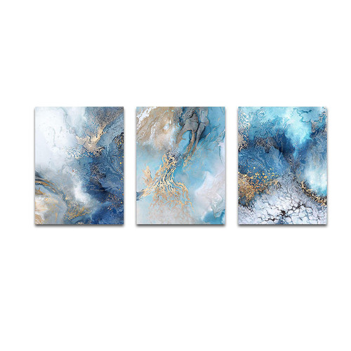 BIVVI Blue Gold Abstract River Canvas Painting Modern Art Posters and Prints Wall Landscape Pictures for Living Room Home Decoration 40x50cm3pcs Frameless