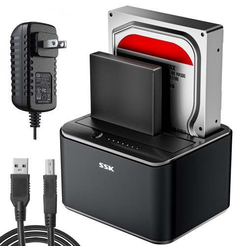 SSK Aluminum Hard Drive Docking Station, USB 3.0 to SATA Dual Bay External HDD Dock Caddy Reader for 2.5 & 3.5 inch SATA HDD SSD, with UASP Offline Cloner/Duplicator Function(2x16TB Supports) Black