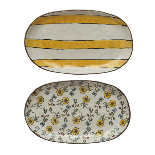 Creative Co-Op Hand-Painted Stoneware Floral/Striped Pattern, Set of 2 Platter Set, 11" L x 6" W x 1" H, Yellow