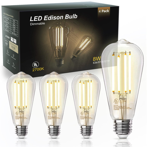 TJOY Edison Light Bulbs 60W Equivalent, Dimmable Vintage LED Light Bulbs, E26 Medium Base, Warm White 2700K, ST58, 8W, 800LM, 80+ CRI, Antique Decorative Filament LED Bulb, Clear Glasses, 4 Pack TJOY Edison Light Bulbs 60W Equivalent, Dimmable Vintage LED Light Bulbs, E26 Medium Base, Warm White 2700K, ST58, 8W, 800LM, 80+ CRI, Antique Decorative Filament LED Bulb, Clear Glasses, 4 Pack