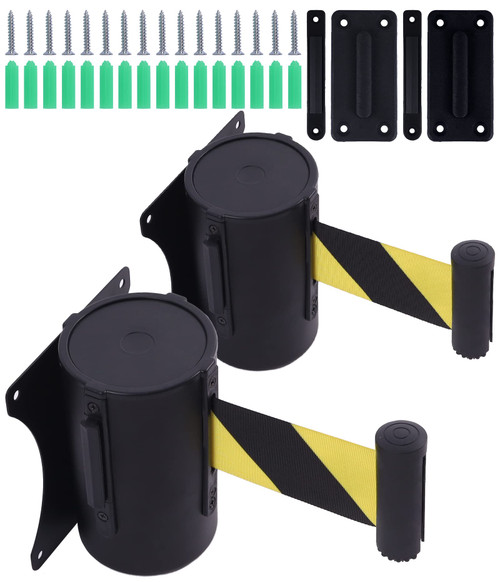 Wall Mount Retractable Belt Barrier 2 Pack, CRAFTFORCE Fixed Retractable Belt Barrier with Steel Case 16' Black and Yellow Belt for Grocery, Restaurant, Retail Store, Office, Stadium, School