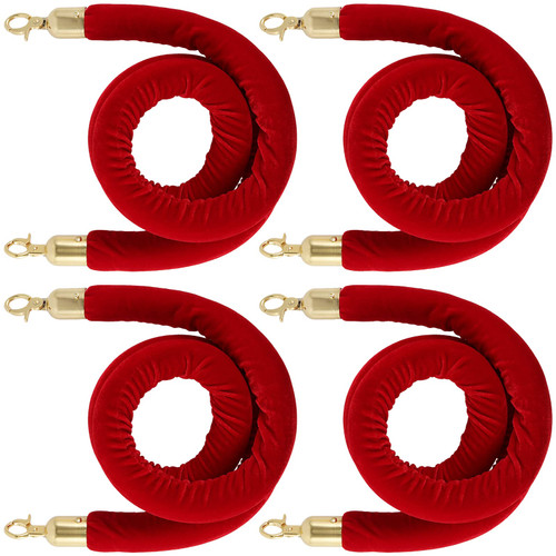 NINGWAAN 4 Pack 6.5 Feet Red Velvet Stanchion Rope, Crowd Control Rope Barrier with Golden Hook, Stanchion Queue Velvet Rope for Hotels, Movie Theaters, Grand Openings, Red Carpet