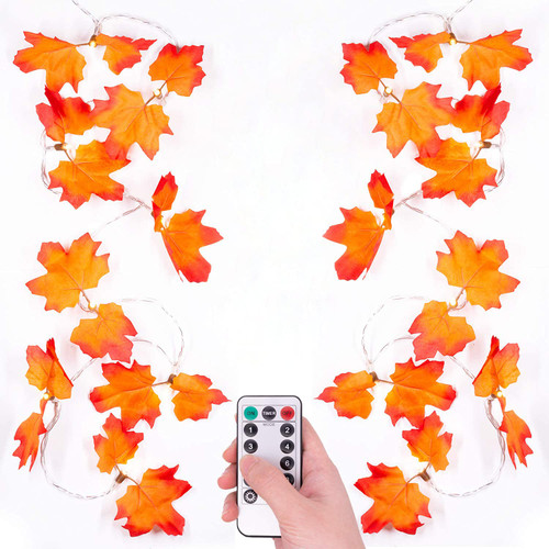 Maple Leaves Fall String Lights - 40LEDs 20ft/6m Thanksgiving Day Decorations Waterproof Battery Powered Indoor/Outdoor Lighted Garland with Remote Control Timer for Halloween, Christmas, Home, Yard
