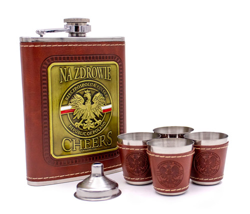 Polart - Poland Flask Set - Stainless Steel Gift Boxed set of Na Zdrowie - Cheers Republic of Poland (Rzeczpospolita Polska) Polish Flask and Four Shot Glasses with the Funnel, Flask Sets for Men