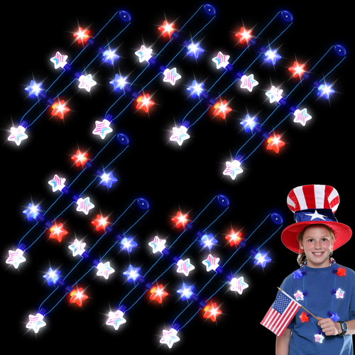 Ecally 8 Pcs 4th of July LED Light up Necklaces Patriotic Glow Red White and Blue Necklace LED Star Necklace Fourth of July Light up Accessories for Adults Kids Independence Day Parades Supply