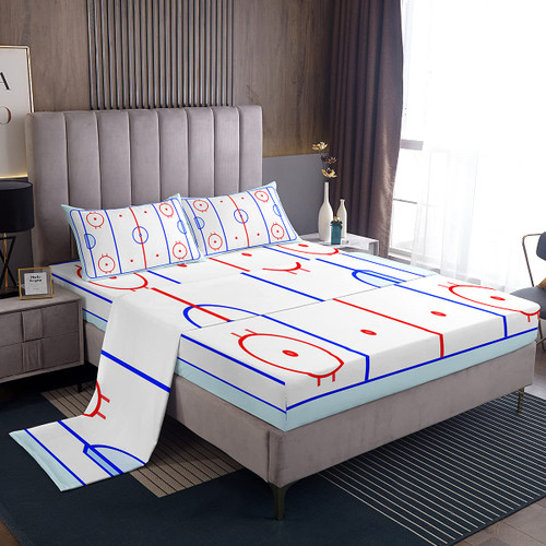 Ice Hockey Bedding Set Full Kids Teens Girls Boys Winter Sports Game Fitted Sheet Puck Design Sheet Set, Soft Breathable Microfiber Home Decorative 4 Pcs Bedding Decor Set With 1 Flat &2 Pillowcases