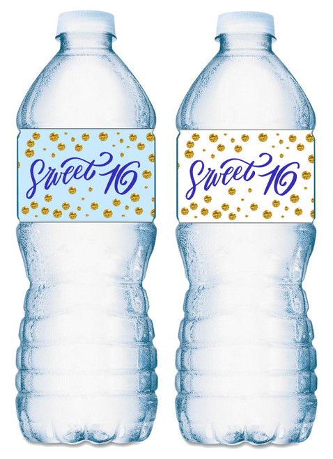 20 Blue Sweet 16 Water Bottle Labels; 16th Birthday Party Set of 20 Waterproof Water Bottle Wrappers Stickers; Blue and White. 20 Blue Sweet 16 Water Bottle Labels; 16th Birthday Party Set of 20 Waterproof Water Bottle Wrappers Stickers; Blue and White.