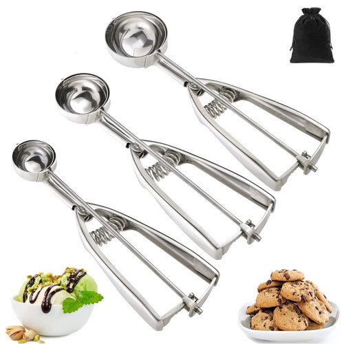 Ice Cream Scoop, 3Pcs Cookie Scoop Set, 18/8 Stainless Steel Cookie Dough Scoop, Cookie Scoops for Baking Set of 3, Ice Cream Scooper with Trigger Release, Cookie Scooper for Baking, Cupcake Scoop