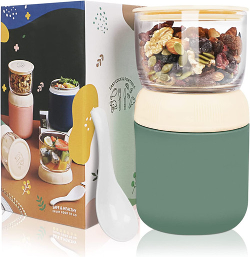 UHAPEER Oatmeal Yogurt Container, Overnight Oats Containers with Lids and Spoon, Stainless Steel Insulated Food Container, 2-Tier Cereal Cup On the Go, Parfait Cup Milk Container for Breakfast Lunch