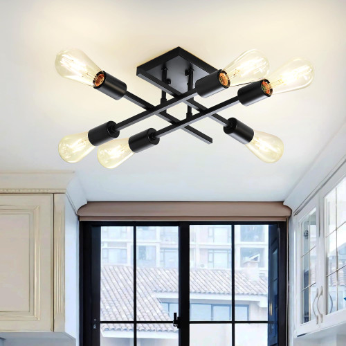 Eietonte 6-Light Semi Flush Mount Ceiling Light Fixture, Industrial Black Close to Ceiling Lighting, Modern E26 Base Sputnik Chandelier Ceiling Lamp for Kitchen Bedroom Living Room Hallway