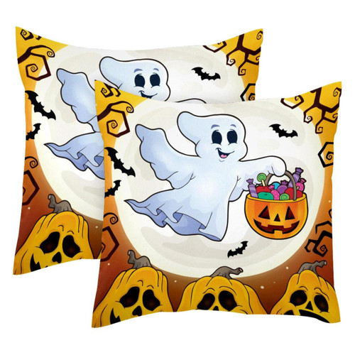 JAVENPROEQT Decorative Square Throw Pillow Covers Set of 2 Cute Halloween Ghost Pumpkin Bat Glitter Moon Pillow Case for Home Office Car, 18 x 18 inches