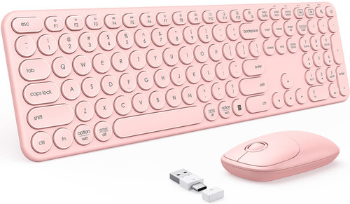 Pink Wireless Keyboard and Mouse with USB and Type C Receiver, PEIOUS Cute Wireless Keyboard Mouse Combo, Round Key USB C Rose Gold Keyboard Compatible with MacBook, Windows 7/8/10, Laptop (Pink)