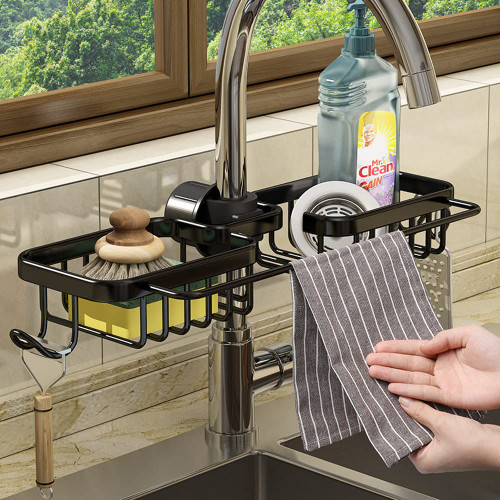 WINGSIGHT Faucet Sponge Holder Kitchen Sink Caddy Organizer Over Faucet Hanging Faucet Drain Rack for Sink Organizer (Double with Dishcloth Rack, Black)