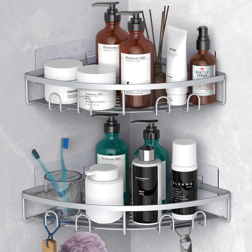 Kerisgo Corner Shower Caddy, 2 Pack Adhesive Bathroom Shower Corner Organizer Shelf, No Drilling Rustproof Wall Mounted Shower Storage Rack Shampoo Holder Organizer (Silver)