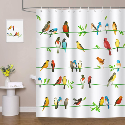 Bonhause Colorful Bird Shower Curtain Birds on Tree Branch Decorative Bath Curtain 72 x 72 Inch Polyester Fabric Waterproof Bathroom Curtain with 12 Hooks
