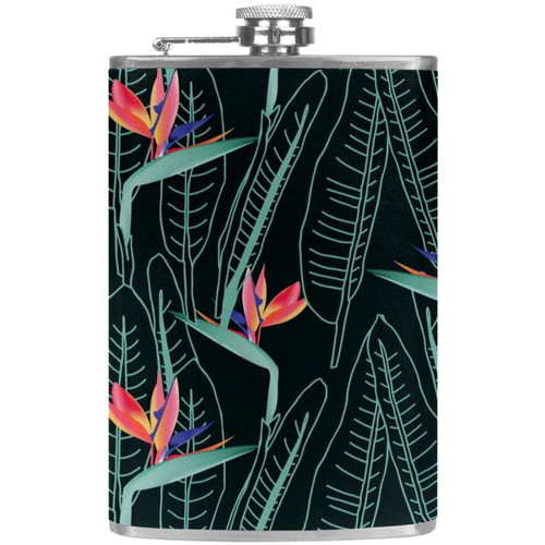 Tropical Pattern Flask for Liquor and Funnel, 8 Oz Leak Proof Stainless Steel Pocket Hip Flask