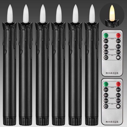 6 PCS Black Real Wax LED Flameless Taper Candles with Remote Timer, 7 Inches Ivory Flameless Candlesticks, Dripless Battery Operated Window Candles with 3D Flickering Flame for Xmas Halloween