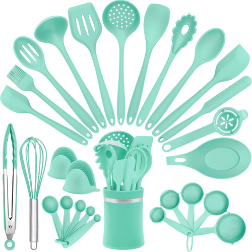 Silicone Cooking Utensils Set, 28PCS Kitchen Utensils Set with Holder, AIKWI Heat-Resistant & Non-stick Silicone Spatula, Tongs,Spoon for Cooking, BPA Free Kitchen Tools Gift (Green)
