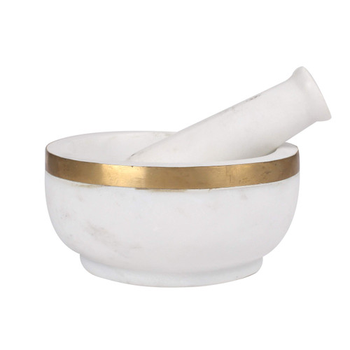 Winlay Handcrafted Milky White Marbal Stone Mortar and Pestle Set with Brass Border || Marble Stone Mortar and Pestle || Natural Stone Moratr and Pestle || 5x5x2.5 inch