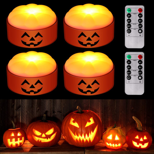 4 Pack LED Pumpkin Lights with Remote and Timer, Pumpkin Flameless Candle Lights Halloween Party Decorations Battery Operated Jack O Lantern Flickering Pumpkin Decor for Halloween Thanksgiving Party