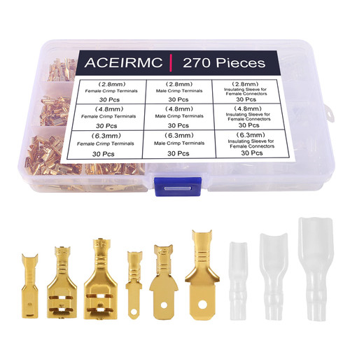 ACEIRMC 270Pcs Assortment Kit Quick Splice Male and Female Wire Spade 2.8/4.8/6.3mm Connector Crimp Terminal Block with Insulating Sleeve for Electrical Wiring Car Audio Speaker (Gold)