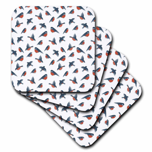 3dRose Christmas Pattern of Robin Birds of red and Blue Colors on White - Coasters (CST_354605_1)