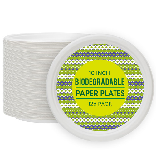 Paper Plates 10 Inch [125 Count], 100% Compostable Disposable Plates Heavy Duty, Made of Bagasse Biodegradable Eco-Friendly Paper Plates Bulk for Party, Wedding, Dinner, BBQ (White)