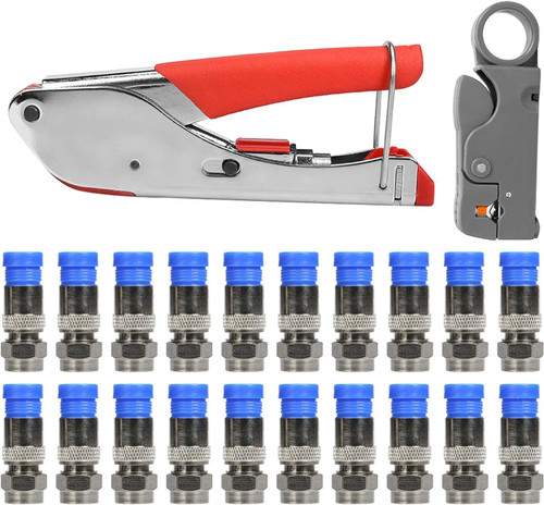 Coax Cable Crimper, Coaxial Cable Compression Tool Kit with Crimping Tool Wire Stripper and 20 F-Type Connector Adjustable Wire Cutter for Coaxial Cable RG59 RG6 RG58 RG174 (Blue)