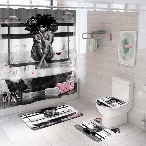 DDS-DUDES 4Pcs African American Black Girl Waterproof Shower Curtain Sets for Bathroom with Non Slip Rugs, Toilet Cover and Bath Mat, 12 Plastic Hooks (Girl-Sit)