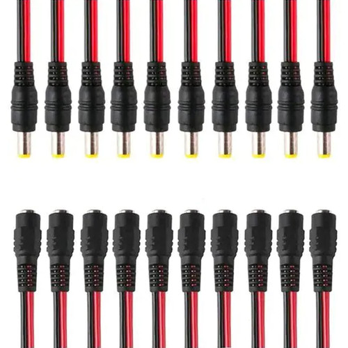GESS Technologies 10 Pairs DC Power Pigtail Cable Wire Plug 18AWG Pure Copper 2.1mm x 5.5mm 12V 5A Male & Female Connectors for Security CCTV Surveillance System Camera and Lighting Power Adapter